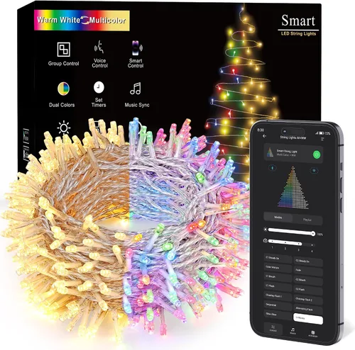 Miniatura 12 de BrizLabs - Luces de Navidad inteligentes, 100 luces LED que cambian de color, 33 pies, control por aplicación/voz, luces de árbol de Navidad