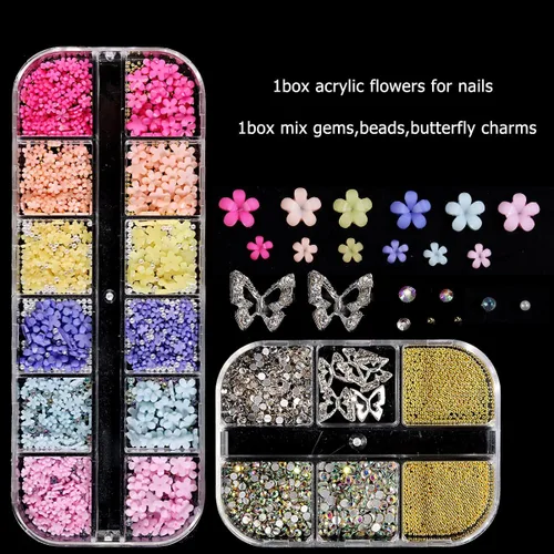 Miniatura 2 de Abalorios de uñas con flores 3D, flor acrílica rosa pastel 3D para uñas, cuentas de caviar doradas, decoración de uñas, kit de diamantes