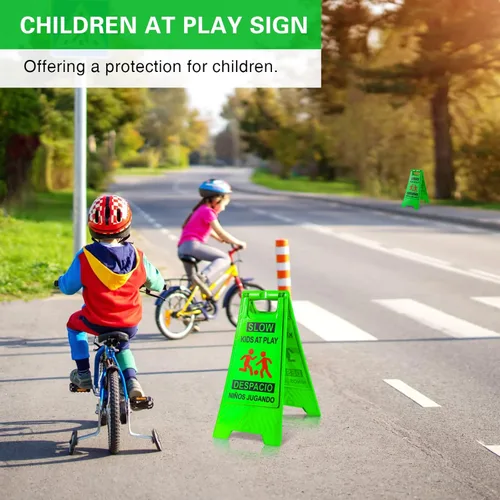 Miniatura 5 de 2 letreros de seguridad para niños en juego lento, texto y gráficos de doble cara, letreros de advertencia para jugar en la calle, vecindarios