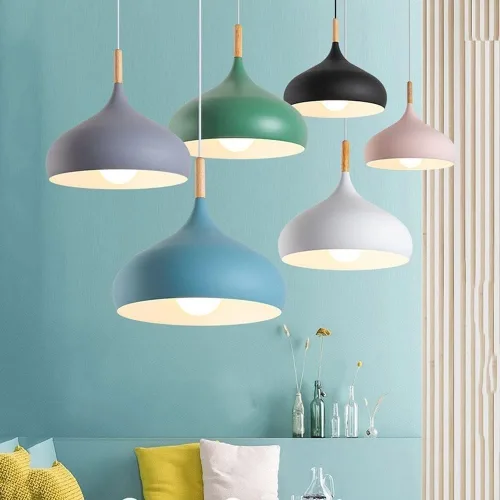 Miniatura 7 de Lámpara colgante de color macarrón para interiores de altura ajustable, lámpara nórdica industrial E27, lámpara de techo para cocina, isla, comedor
