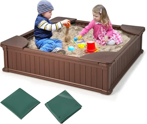 Miniatura 11 de Costzon Caja de arena para niños con cubierta, caja de arena de polietileno de alta densidad de 47 x 47 pulgadas con cubierta Oxford, forro Óxido