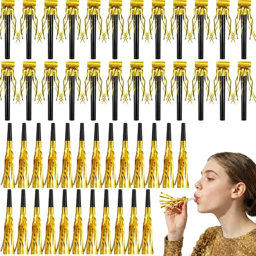 Skylety 48 piezas de ruidos dorados con brillantina, sopladores de fiesta con flecos metálicos, cuernos para adultos, bodas, graduaciones,