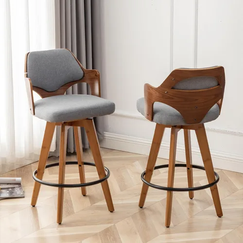Miniatura 11 de MEKLIBA Juego de 2 taburetes de bar giratorios de altura de mostrador, silla de bar tapizada con patas de bambú, taburetes de mostrador con respaldo