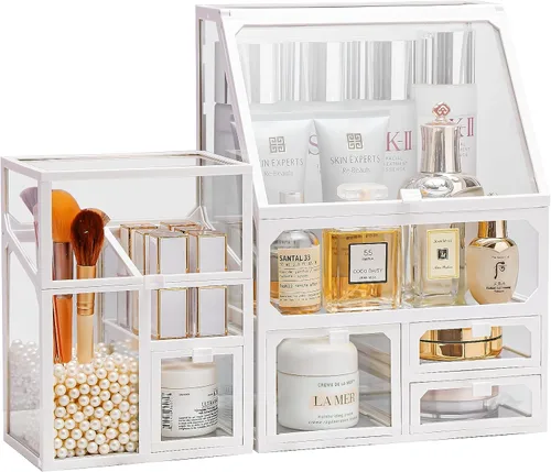 Miniatura 5 de MOOCHI Organizador de maquillaje negro de 3 piezas para Vantity, vidrio, organizador de cuidado de la piel, cajones, organizador de cepillos