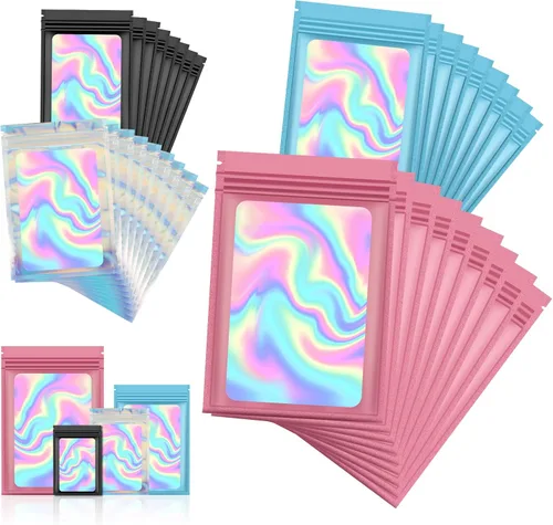 Miniatura 10 de 120 bolsas de tereftalato de polietileno a prueba de olores, bolsa de embalaje holográfica resellable con ventana transparente para alimentos