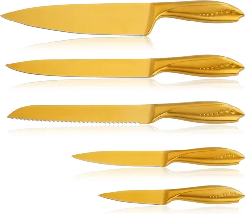 WELLSTAR - Juego de cuchillos de cocina dorados de 5 piezas, hoja de acero inoxidable alemán afilada y mango ergonómico con revestimiento de titanio