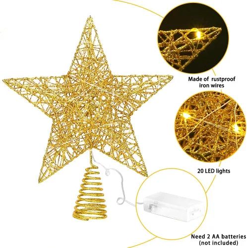 Miniatura 4 de DULEFUN Estrella LED de 11.8 Pulgadas para la Punta del Árbol - Adorno de Metal Dorado con 20 Luces para Decoración de Árbol de Navidad y Decoración