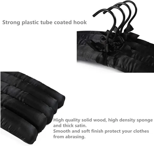 Miniatura 3 de Paquete de 5 perchas acolchadas de satén negro para suéter, colgador de blusa con espuma gruesa y suave para lencería de vestido de novia, colgador