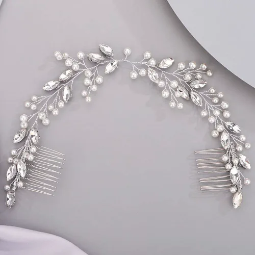 Miniatura 8 de Chargances Peine de vid de cristal con perlas para novias, diadema larga dorada, diadema larga, accesorio hecho a mano, accesorios para el cabello