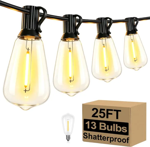 Miniatura 17 de Brightever Luces de Cadena para Exteriores de 25 Pies, Luces de Patio ST38 con 13 Bombillas Edison, Luces Colgantes Impermeables Conectables
