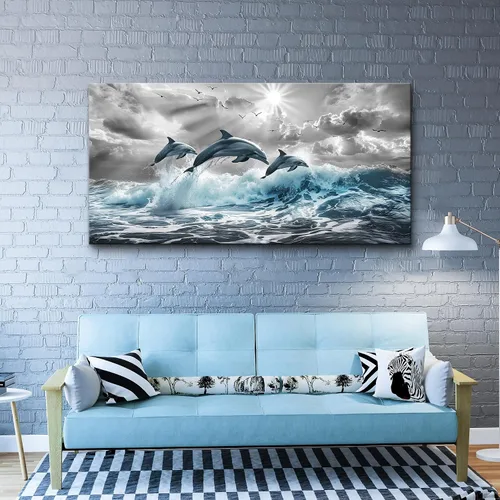 Miniatura 4 de Lapremoly Decoración de pared para sala de estar, arte de pared grande para dormitorio, olas azules del mar, ilustraciones de pared, oficina