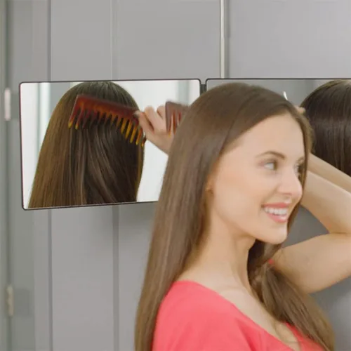 Miniatura 6 de HIEEY Espejo de 3 vías para corte de cabello con LED, espejo triple de 360 grados con ganchos telescópicos ajustables en altura y aumento de 5X