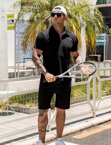 Miniatura 2 de URRU Conjunto de camisa polo y pantalones cortos para hombre trajes de verano a la moda casual manga corta traje polo para hombre 2 piezas