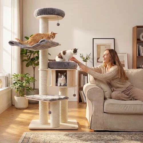 Miniatura 2 de Tangkula Árbol moderno para gatos, torre grande de varios niveles con condominio, hamacas y cesta colgante, árbol alto para gatos con postes
