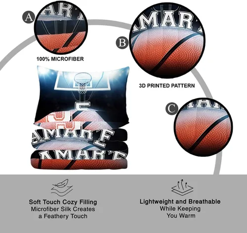 Miniatura 4 de Juego de ropa de cama personalizado de baloncesto tamaño individual, edredón deportivo personalizado con nombre y número para habitación de niños