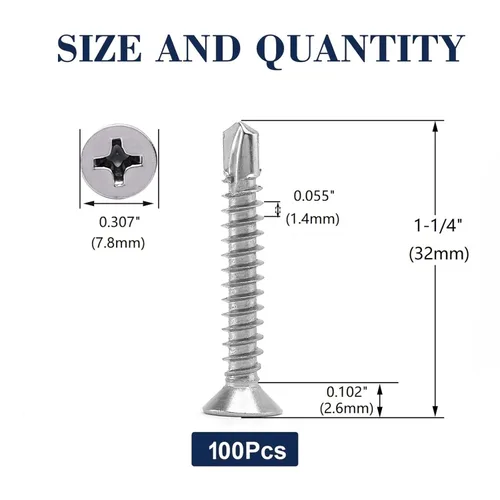 Miniatura 2 de Tornillos de chapa metálica #8 x 1-1/4 pulgadas, 100 tornillos Tek de cabeza plana de acero inoxidable 410, tornillos autorroscantes rápidos por SG