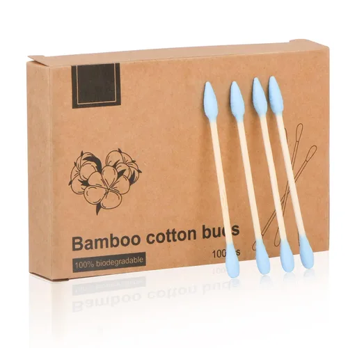Hisopos de algodón de bambú natural, ecológicos y biodegradables, cómodos y suaves, libres de plástico, para limpieza y maquillaje de orejas, Azul