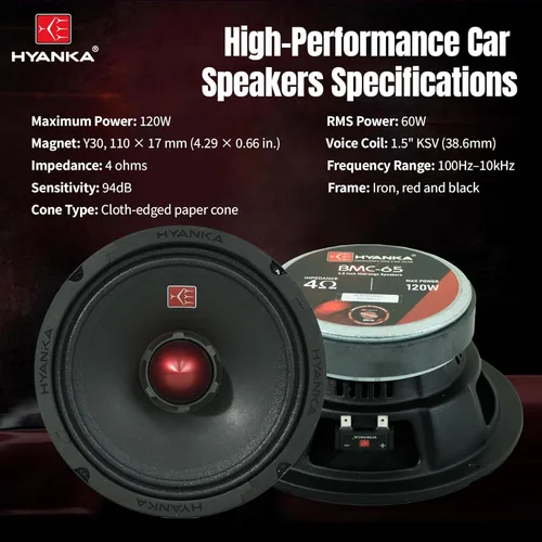 Miniatura 2 de H YANKA BMC-65 - Altavoces de rango medio 6.5 para automóvil, 480 vatios, 4 ohmios, diseño bala con cesta de acero negro, sonido sin distorsiones