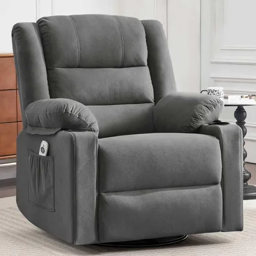 Miniatura 12 de Ketaiyou Silla reclinable giratoria para adultos con masaje y calor, portavasos y bolsillos laterales, sillón reclinable para sala de estar (gris DK)