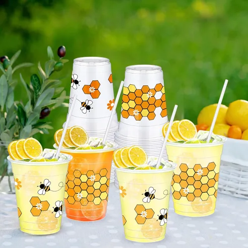 Miniatura 4 de Sliner 50 tazas de miel transparente, vasos desechables de 12 onzas con pajitas, recuerdos de fiesta temática de abejas para cocina, baby shower