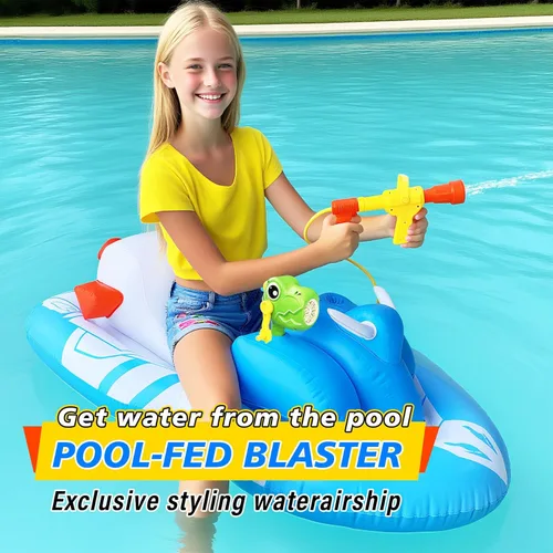 Miniatura 4 de Flotadores de piscina con forma de moto acuática para niños pequeños con pistola de agua y pistola de burbujas, barco inflable para niños de 6 a 12