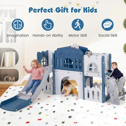 Miniatura 2 de Costzon Juego de tobogán infantil 8 en 1, tobogán independiente para niños con túnel, aro de baloncesto, juego de tobogán escalador para niños de 1