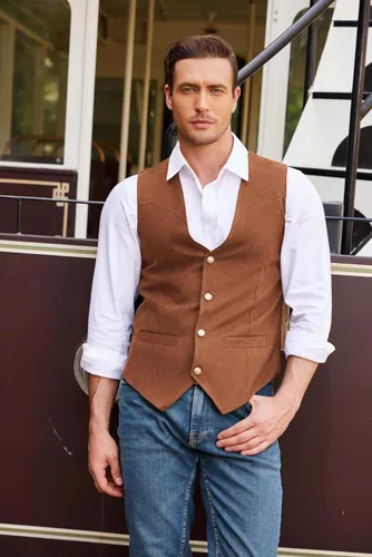 Miniatura 2 de COOFANDY Chaleco de traje de cuero de gamuza para hombre, chaleco occidental casual, chaleco ajustado