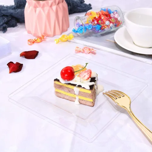 Miniatura 3 de WDF 60 platos de plástico transparente, platos cuadrados desechables para postre/ensalada, plato de plástico de 7 pulgadas para aperitivos de boda