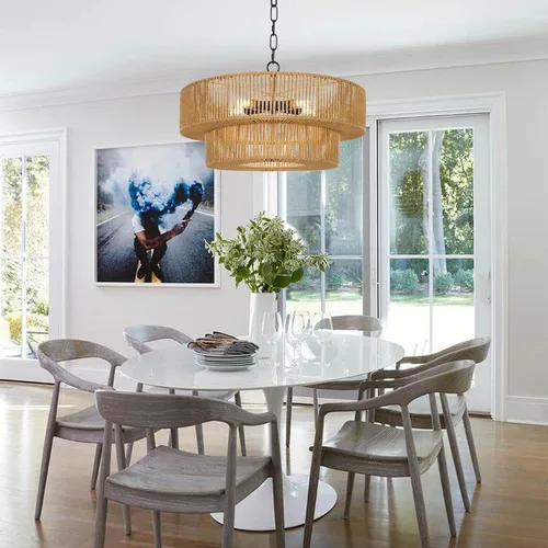 Miniatura 2 de LamQee Candelabros de Ratán Estilo Granja de 22 Pulgadas, Lámpara de Araña Boho de 5 Luces con Pantalla de Mimbre Tejida a Mano, Luces Colgantes