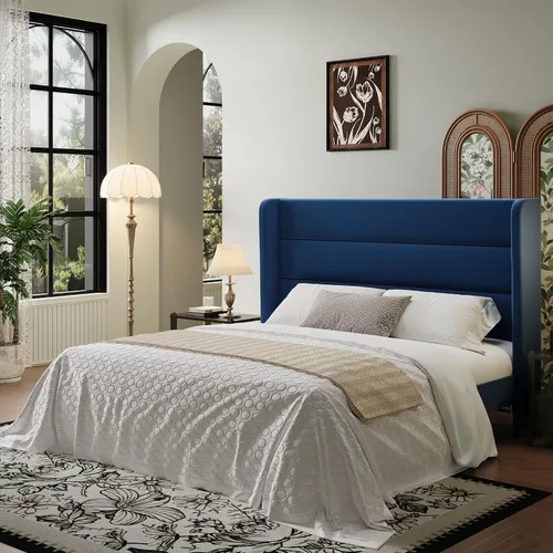 Miniatura 15 de SHA CERLIN - Base de cama tamaño Full con cabecera tapizada en terciopelo y diseño acanalado vertical; plataforma de cama tapizada con listones