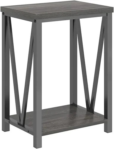 Miniatura 9 de FOLUBAN Mesa auxiliar pequeña, mesa auxiliar de madera rústica y metal con almacenamiento, mesita de noche vintage para sala de estar, dormitorio