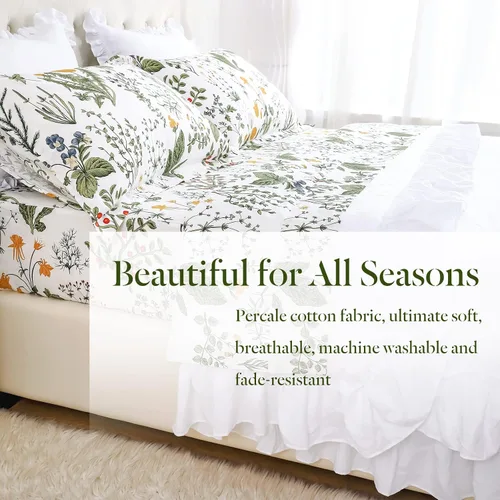 Miniatura 7 de Lady Ann Sábanas florales tamaño King 100% algodón, diseño de flores amarillas y hojas con estampado botánico de plantas, bolsillos profundos, ropa