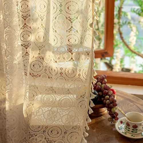 Miniatura 56 de YJ YANJUN - Cortinas de café boho, 24 pulgadas de largo, 2 paneles, cada una de 59" de ancho x 24" de largo, beige, con crochet, cortinas de cocina