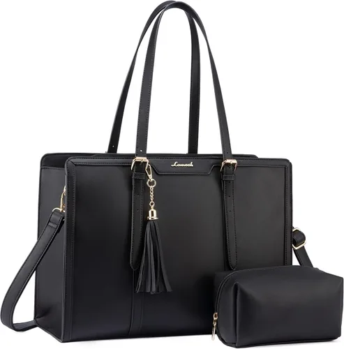 Miniatura 18 de LOVEVOOK Bolsa para laptop para mujer, bolsa de lona ligera de 15.6 pulgadas, bolsa grande para computadora, con bolso de mano, para negocios, Beige