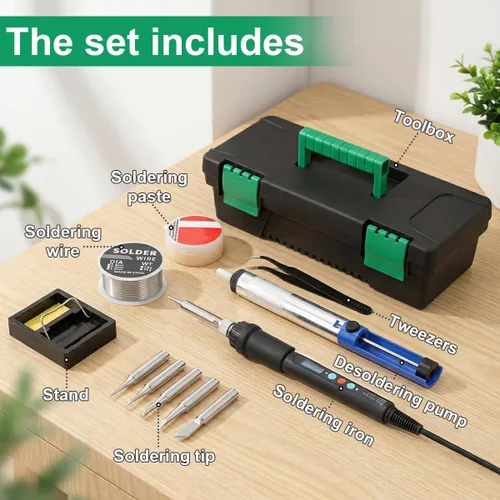 Miniatura 2 de Kit de soldadura de 60W con pantalla LED – Herramientas de soldadura de temperatura ajustable de 180-500°C con puntas, alambre, fundente, bomba