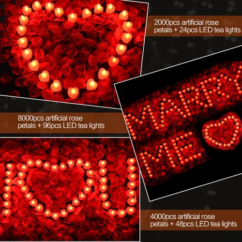 Miniatura 2 de KOABY - 2000 pétalos de rosa artificiales rojos con kit de 24 luces LED rojas en forma de té, para decoración 2000 pétalos rojos + 24 velas rojas