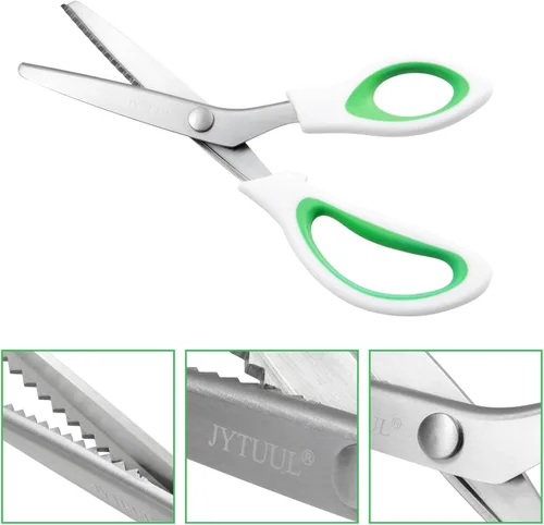Miniatura 3 de Tijeras de tinta verde de 9.5 pulgadas, tijeras de acero inoxidable afiladas para manualidades en zigzag para tela, papel y cuero, agarre cómodo