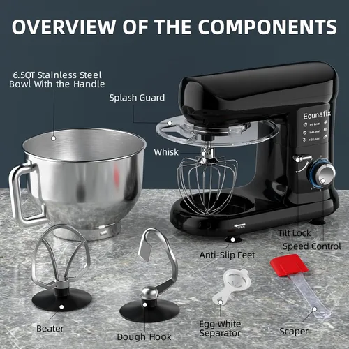 Miniatura 6 de Batidora de cocina con soporte, 6.5Qt, batidoras de pie para el hogar, batidora eléctrica de 660W con cabezal inclinable de 6+P velocidades