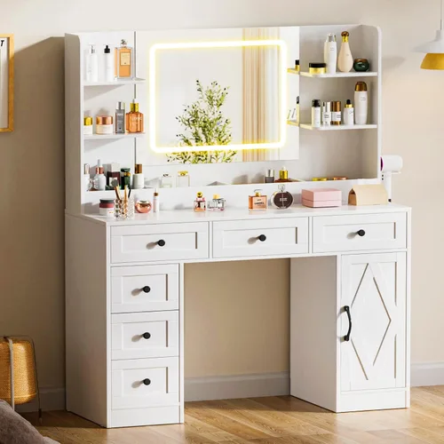 Miniatura 9 de COMHOMA Tocador de Maquillaje con Espejo y Luces, Mesa de Tocador Grande con 6 Cajones y 1 Armario de Almacenamiento, Mesa de Tocador Blanca