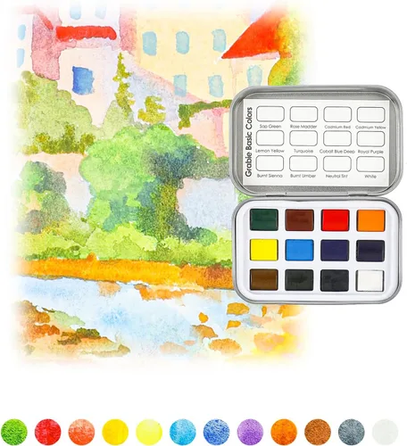 Miniatura 4 de Grabie Juego de 12 acuarelas de bolsillo, juego de pintura de acuarela de viaje, pinturas de acuarela, suministros de arte para pintura, gran juego