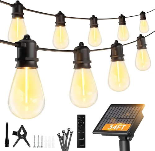 Miniatura 10 de Minetom Tira de luces solares de 34 pies para exteriores con control remoto, luces de patio con 10 bombillas LED inastillables y ganchos, enchufe