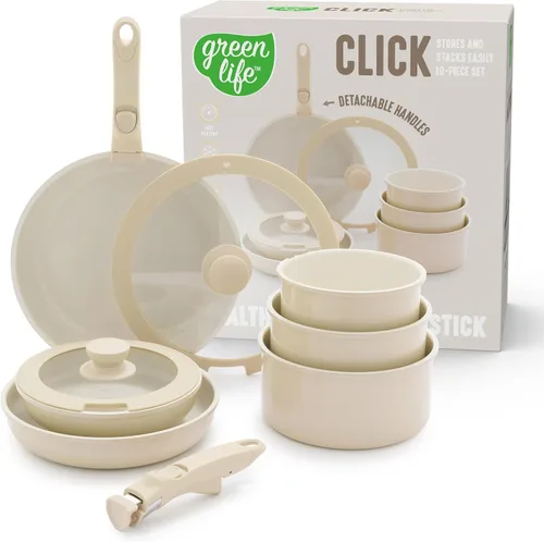 GreenLife Juego de ollas y sartenes antiadherentes de 10 piezas, mango desmontable y juego de utensilios de cocina apilables, sartenes de cocina no