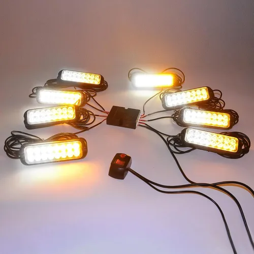 Miniatura 9 de Kit de Luces Estroboscópicas LED Ámbar Blanco - 8PCS 16-LED Luz de Advertencia de Peligro Intermitente de Emergencia 12V Función de Sincronización