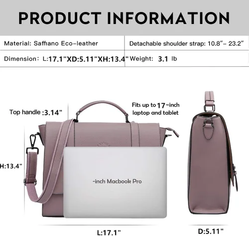 Miniatura 5 de Maletín para laptop de 15.6 pulgadas para mujer, piel ecológica saffiano morado vintage, 4 compartimentos grandes, 2 bolsillos deslizantes, 1