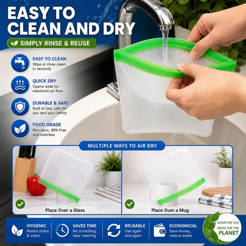 Miniatura 5 de Paquete de 10 bolsas extra gruesas de silicona reutilizables para almacenamiento de alimentos, 3 pequeñas, 4 medianas, 3 bolsas grandes con cierre