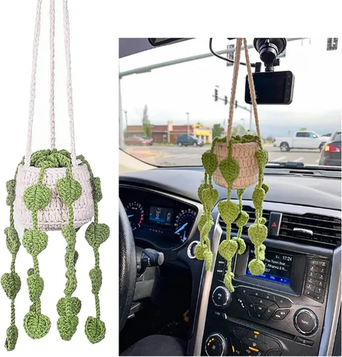Kewucn Accesorios de espejo retrovisor de ganchillo para plantas de automóvil bohemias, lindo colgante de auto para plantas de ganchillo, cestas
