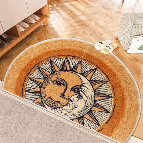 Alfombras semicirculares de 31.5 x 47.3 pulgadas, alfombra de sol y luna, alfombra bohemia amarilla, alfombras antideslizantes de estilo tribal,