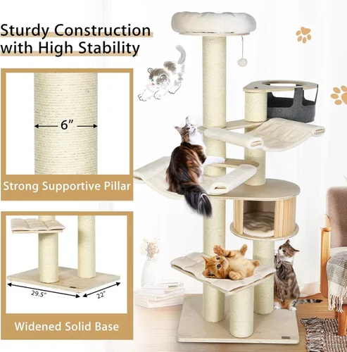Miniatura 8 de Tangkula Árbol grande para gatos, torre alta de varios niveles para gatos con postes rascadores de sisal, hamacas, cesta colgante, condominio