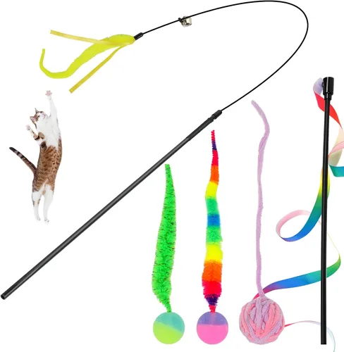 Miniatura 14 de SHENGSEN Juguete de varita de plumas para gatos, pelota inflable con cola para gatos, gusano mágico con juguete de bola grande y colorida