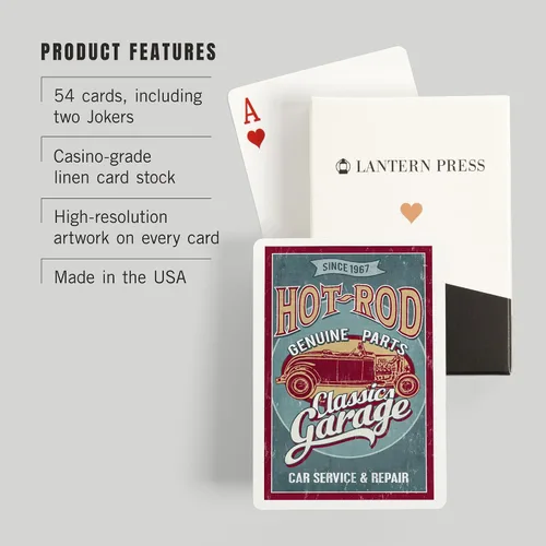 Miniatura 3 de Lantern Press Hot Rod Garage, coches clásicos, letrero vintage (52 cartas de juego, baraja de cartas de tamaño póquer con comodines)